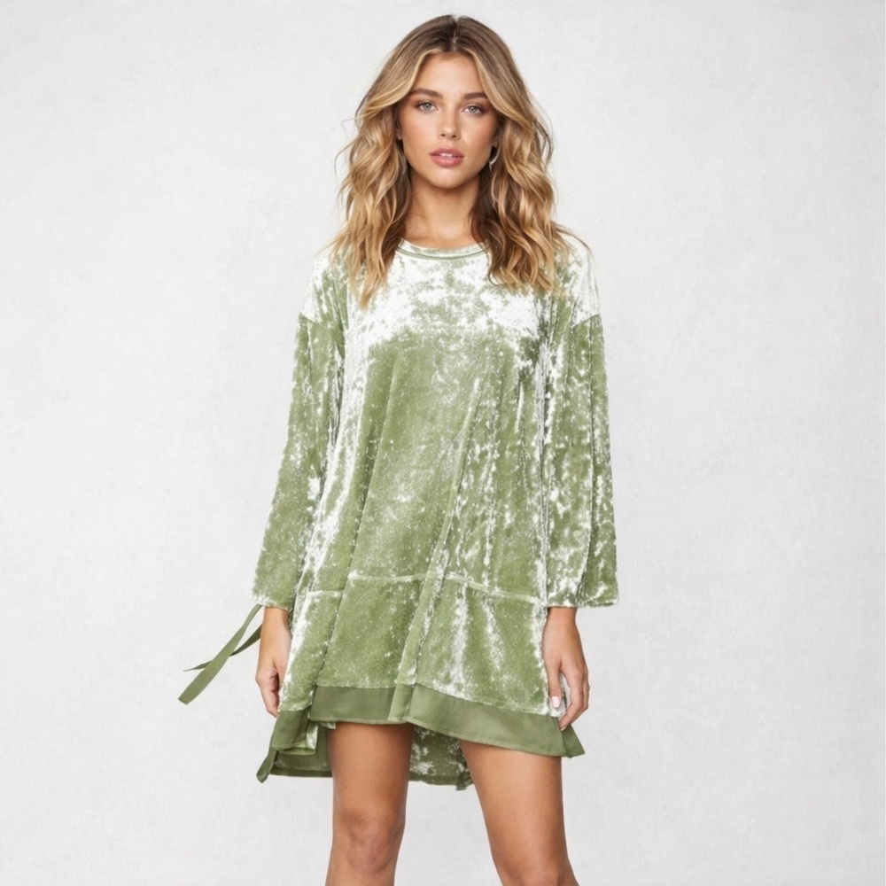 Hot As Hell HAH Phat City Green Crushed Velvet Babydoll Mini Dress Tunic Sz S
